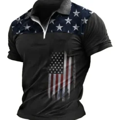 OUKU Men's American Flag Veterans Zip Polo Shirts Golf Shirt Short Sleeve Polo Shirts Collared Shirts Casual Streetwear Vacation Wear Party Outfits 3D Print Quarter Zip Polo Black-White Black Red