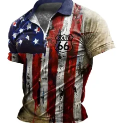 OUKU Men's American Flag Veterans Zip Polo Shirts Golf Shirt Short Sleeve Polo Shirts Collared Shirts Casual Streetwear Vacation Wear Party Outfits 3D Print Quarter Zip Polo Black-White Black Red