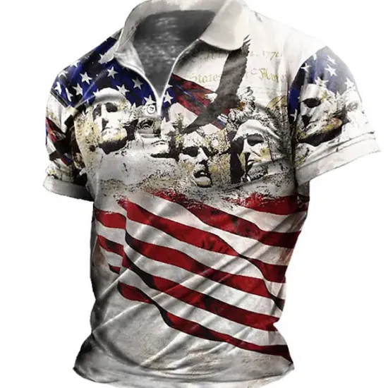 OUKU Men's American Flag Veterans Zip Polo Shirts Golf Shirt Short Sleeve Polo Shirts Collared Shirts Casual Streetwear Vacation Wear Party Outfits 3D Print Quarter Zip Polo Black-White Black Red
