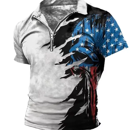 OUKU Men's American Flag Veterans Zip Polo Shirts Golf Shirt Short Sleeve Polo Shirts Collared Shirts Casual Streetwear Vacation Wear Party Outfits 3D Print Quarter Zip Polo Black-White Black Red