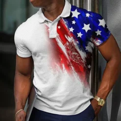 Online OUKU Men's American Flag Veterans Waffle Polo Shirts Golf Shirt Short Sleeve Polo Shirts Collared Shirts Casual Streetwear Vacation Wear Party Outfits Buttons 3D Print White Red Blue