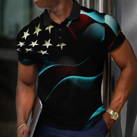 Online OUKU Men's American Flag Veterans Waffle Polo Shirts Golf Shirt Short Sleeve Polo Shirts Collared Shirts Casual Streetwear Vacation Wear Party Outfits Buttons 3D Print White Red Blue