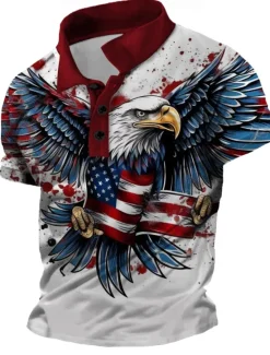 Hot OUKU Men's American Flag Veterans Polo Shirts Golf Shirt Short Sleeve Polo Shirts Collared Shirts Streetwear Vacation Wear Party Outfits Buttons 3D Print Spring & Summer White Blue