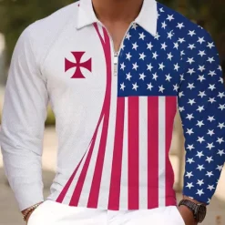 Discount OUKU Men's American Flag Veterans Polo Shirts Golf Polos Shirts Long Sleeve Polo Shirts Collar Vacation Party Evening Wear Dailywear Zipper 3D Print Spring Fall & Winter Blue