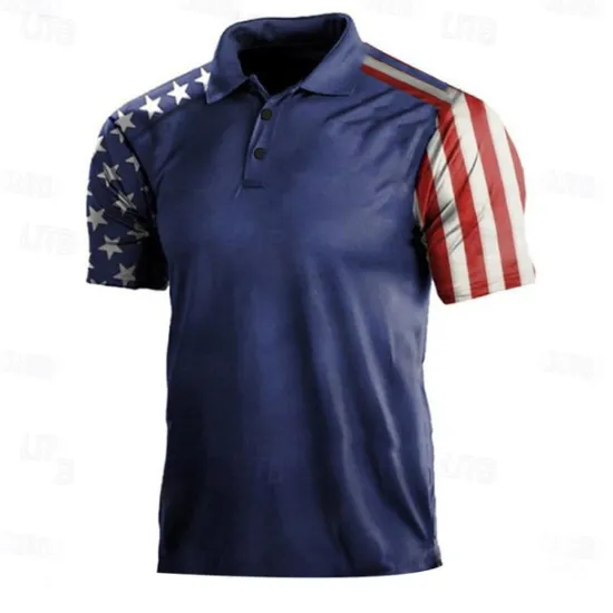 Online OUKU Men's American Flag Veterans Polo Shirts Golf Shirt Short Sleeve Polo Shirts Collared Shirts Casual Streetwear Vacation Wear Party Outfits Buttons 3D Print White & Blue White Navy Blue