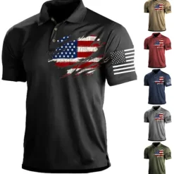 Hot OUKU Men's American Flag Veterans Polo Shirts Golf Shirt Short Sleeve Polo Shirts Collared Shirts Casual Streetwear Vacation Wear Party Outfits Buttons 3D Print Black Red Navy Blue