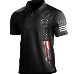 Online OUKU Men's American Flag Veterans Polo Shirts Golf Shirt Short Sleeve Polo Shirts Collared Shirts Casual Streetwear Vacation Wear Party Outfits Buttons 3D Print Black White Army Green