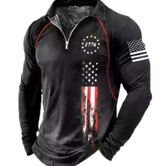 Hot OUKU Men's American Flag Veterans Zip Polo Shirts Golf Shirt Long Sleeve Polo Shirts Collared Shirts Casual Streetwear Vacation Wear Party Outfits 3D Print Quarter Zip Polo Red Navy Blue Black