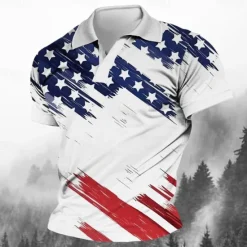 OUKU Men's American Flag Veterans Polo Shirts Golf Shirt Short Sleeve Polo Shirts V Neck Streetwear Vacation Wear Party Outfits 3D Print Spring & Summer White