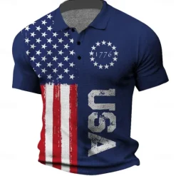 OUKU Men's American Flag Veterans Waffle Polo Shirts Golf Shirt Short Sleeve Polo Shirts Collared Shirts Streetwear Vacation Wear Party Outfits Buttons 3D Print Summer Spring Blue