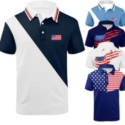 OUKU Men's American Flag Veterans Polo Shirts Golf Shirt Short Sleeve Polo Shirts Collared Shirts Casual Streetwear Vacation Wear Party Outfits Buttons 3D Print White Navy Blue Blue
