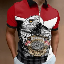 Sale OUKU Men's American Flag Veterans Zip Polo Shirts Golf Shirt Short Sleeve Polo Shirts Colla Shirts Casual Streetwear Vacation Wear Party Outfits 3D Print Quarter Zip Polo Summer Spring Red