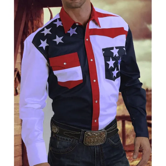Clearance OUKU Men's American Flag Western Shirt Button Up Shirt Cowboy Shirt Long Sleeve Western Daily Fall & Winter Turndown Collared Shirts 3D Print Front Pocket Yellow Navy Blue Blue Purple