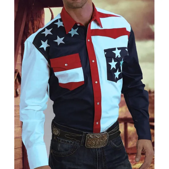 Clearance OUKU Men's American Flag Western Shirt Button Up Shirt Cowboy Shirt Long Sleeve Western Daily Fall & Winter Turndown Collared Shirts 3D Print Front Pocket Yellow Navy Blue Blue Purple