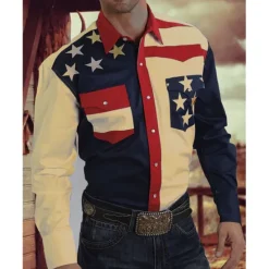 Clearance OUKU Men's American Flag Western Shirt Button Up Shirt Cowboy Shirt Long Sleeve Western Daily Fall & Winter Turndown Collared Shirts 3D Print Front Pocket Yellow Navy Blue Blue Purple