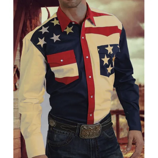 Clearance OUKU Men's American Flag Western Shirt Button Up Shirt Cowboy Shirt Long Sleeve Western Daily Fall & Winter Turndown Collared Shirts 3D Print Front Pocket Yellow Navy Blue Blue Purple