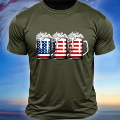 Discount OUKU Men's American US Flag Beer Flag / National flag T Shirt Short Sleeve Shirt Cotton Short Sleeve Graphic Shirt Black White Army Green Comfortable Tee Street Sports Outdoor Fashion Designer Clothing