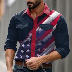 Hot OUKU Men's American US Flag Casual Shirt Western Shirt Button Up Shirt Long Sleeve Western Casual Sport Causal Casual Spring Fall Turndown Button Up 2 Pockets Black White Blue