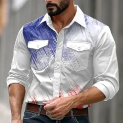 Hot OUKU Men's American US Flag Casual Shirt Western Shirt Button Up Shirt Long Sleeve Western Casual Sport Causal Casual Spring Fall Turndown Button Up 2 Pockets Black White Blue