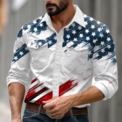 Sale OUKU Men's American US Flag Cowboy Western Shirt Button Up Shirt Cowboy Shirt Long Sleeve Casual Formal Daily Holiday Fall Winter Spring & Summer Turndown Collared Shirts Button Up Pocket 3D Print White