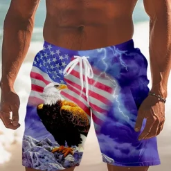 OUKU Men's American US Flag Eagle Patriotic Swim Trunks Swim Shorts Board Shorts Mid Waist Streetwear Hawaiian Casual Vacation Daily Holiday Drawstring Elastic Waist 3D Print Designer Clothing Apparel Blue