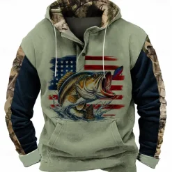 Clearance OUKU Men's American US Flag Fish Hoodie Sweatshirt Cowboy Casual Long Sleeve Hooded Sports Outdoor Streetwear Light Brown Brown Pocket 3D Print Fall Winter Designer