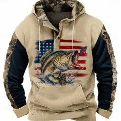Clearance OUKU Men's American US Flag Fish Hoodie Sweatshirt Cowboy Casual Long Sleeve Hooded Sports Outdoor Streetwear Light Brown Brown Pocket 3D Print Fall Winter Designer