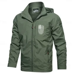 OUKU Men's American US Flag Jacket Raincoat Shell Jacket Waterproof Rain Waterproof Lightweight Casual Sports Outdoor Camping & Hiking Embroidered Side Pockets Zip Front Fall Winter Hooded Long Sleeve
