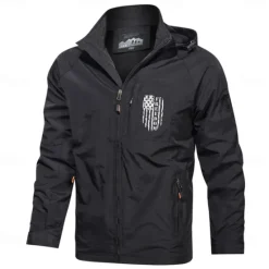 OUKU Men's American US Flag Jacket Raincoat Shell Jacket Waterproof Rain Waterproof Lightweight Casual Sports Outdoor Camping & Hiking Embroidered Side Pockets Zip Front Fall Winter Hooded Long Sleeve