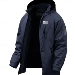 OUKU Men's American US Flag Jacket Raincoat Shell Jacket Waterproof Lightweight Casual Sports Outdoor Camping & Hiking Embroidered Side Pockets Zip Front Fall Winter Hooded Long Sleeve Green khaki Dark
