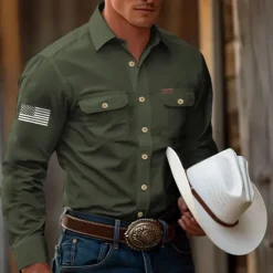 Discount OUKU Men's American US Flag Patriotic Work Shirt Western Shirt Cargo Shirt Long Sleeve Casual Tactical Sports & Outdoor Going out Winter Spring & Fall Turndown Print Black Army Green Blue