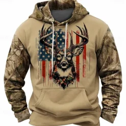 Best OUKU Men's American US Flag Patriotic Deer Hoodies Daily Casual Long Sleeve Hooded Vacation Sports Outdoor Streetwear Brown Light Grey Print Front Pocket Spring & Fall Designer