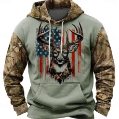 Best OUKU Men's American US Flag Patriotic Deer Hoodies Daily Casual Long Sleeve Hooded Vacation Sports Outdoor Streetwear Brown Light Grey Print Front Pocket Spring & Fall Designer