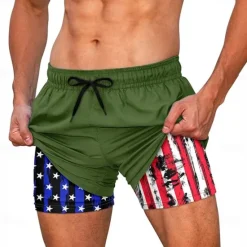 Hot OUKU Men's American US Flag Patriotic Lined Shorts 2 in 1 Board Shorts Swim Shorts Mid Waist Hawaiian Vacation Beach Wear Side Pockets With Compression Liner Elastic Drawstring Waist Designer Clothing