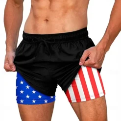 Hot OUKU Men's American US Flag Patriotic Lined Shorts 2 in 1 Board Shorts Swim Shorts Mid Waist Hawaiian Vacation Beach Wear Side Pockets With Compression Liner Elastic Drawstring Waist Designer Clothing
