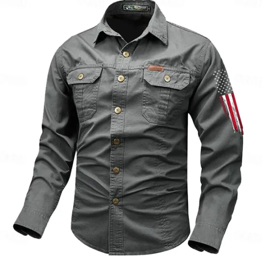 OUKU Men's American US Flag Patriotic Work Shirt Western Shirt Cargo Shirt Long Sleeve Vintage Western Casual Sports & Outdoor Going out Winter Spring & Fall Turndown Print Black Army Green Red Blue Khaki