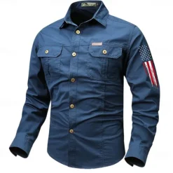 OUKU Men's American US Flag Patriotic Work Shirt Western Shirt Cargo Shirt Long Sleeve Vintage Western Casual Sports & Outdoor Going out Winter Spring & Fall Turndown Print Black Army Green Red Blue Khaki