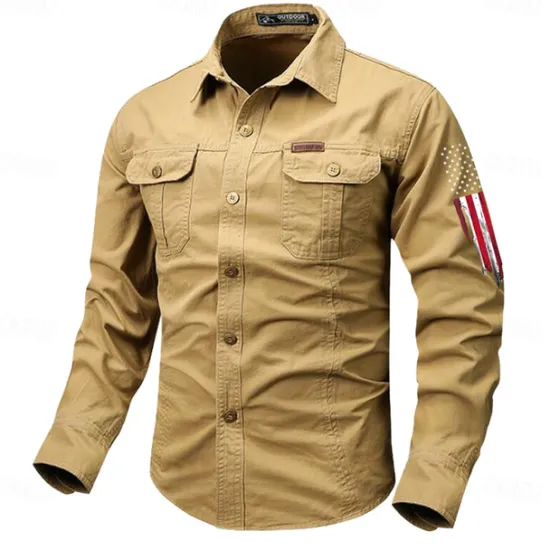 OUKU Men's American US Flag Patriotic Work Shirt Western Shirt Cargo Shirt Long Sleeve Vintage Western Casual Sports & Outdoor Going out Winter Spring & Fall Turndown Print Black Army Green Red Blue Khaki