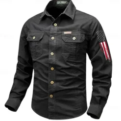OUKU Men's American US Flag Patriotic Work Shirt Western Shirt Cargo Shirt Long Sleeve Vintage Western Casual Sports & Outdoor Going out Winter Spring & Fall Turndown Print Black Army Green Red Blue Khaki