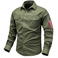 OUKU Men's American US Flag Patriotic Work Shirt Western Shirt Cargo Shirt Long Sleeve Vintage Western Casual Sports & Outdoor Going out Winter Spring & Fall Turndown Print Black Army Green Red Blue Khaki
