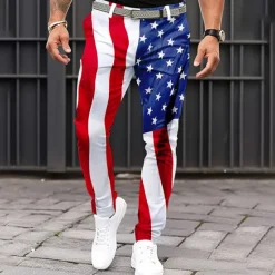Sale OUKU Men's American US Flag Patriotic Dress Pants Trousers Casual Pants Mid Waist Classic Casual Holiday Slim Fit Pants with Pockets Spring Fall 3D Print White Blue