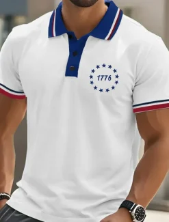 New OUKU Men's American US Flag Polo Short Sleeves Polo Collar Casual Daily Athleisure Casual Daily Festival Buttons Summer White Blue Orange