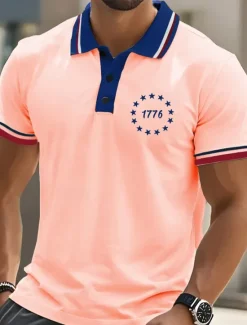 New OUKU Men's American US Flag Polo Short Sleeves Polo Collar Casual Daily Athleisure Casual Daily Festival Buttons Summer White Blue Orange
