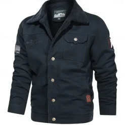 New OUKU Men's American US Flag Print Embroidered Fleece Jacket Sherpa Trucker Jacket Work Cargo Jacket Turn-Down Collar Warm Winter Cotton Jacket Vintage Casual Going Out Coat Multi-Pockets
