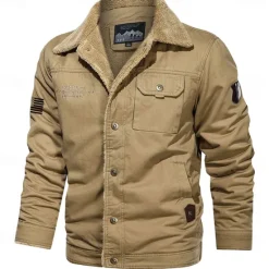 New OUKU Men's American US Flag Print Embroidered Fleece Jacket Sherpa Trucker Jacket Work Cargo Jacket Turn-Down Collar Warm Winter Cotton Jacket Vintage Casual Going Out Coat Multi-Pockets