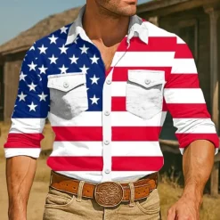 Clearance OUKU Men's American US Flag Shirt Western Shirt Cowboy Shirt Long Sleeve Vintage Retro Outdoor Casual WorkWear Summer Spring Fall Turndown Front Two Pockets Button Up Shirts White Dark Blue