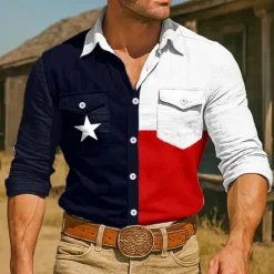 Clearance OUKU Men's American US Flag Shirt Western Shirt Cowboy Shirt Long Sleeve Vintage Retro Outdoor Casual WorkWear Summer Spring Fall Turndown Front Two Pockets Button Up Shirts White Dark Blue