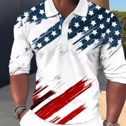 Outlet OUKU Men's American US Flag Veterans Waffle Polo Shirts Golf Polos Shirts Long Sleeve Polo Shirts Collar Casual Vacation Party Evening Wear Dailywear Buttons 3D Print Spring Fall Winter White