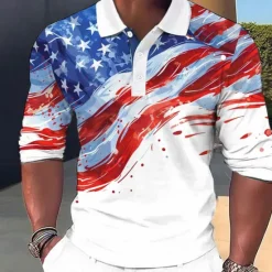 Discount OUKU Men's American US Flag Veterans Waffle Polo Shirts Golf Polos Shirts Long Sleeve Polo Shirts Collar Funny Vacation Party Evening Wear Dailywear Buttons 3D Print Spring Fall Winter White