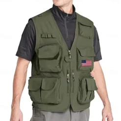 Clearance OUKU Men's American US Flag Waistcoat Gilet Fishing Vest Tactical Practical Removable Casual Sports Outdoor Fishing Photography Mesh Side Pockets Quick Dry Collarless Sleeveless Army Green Dark Blue